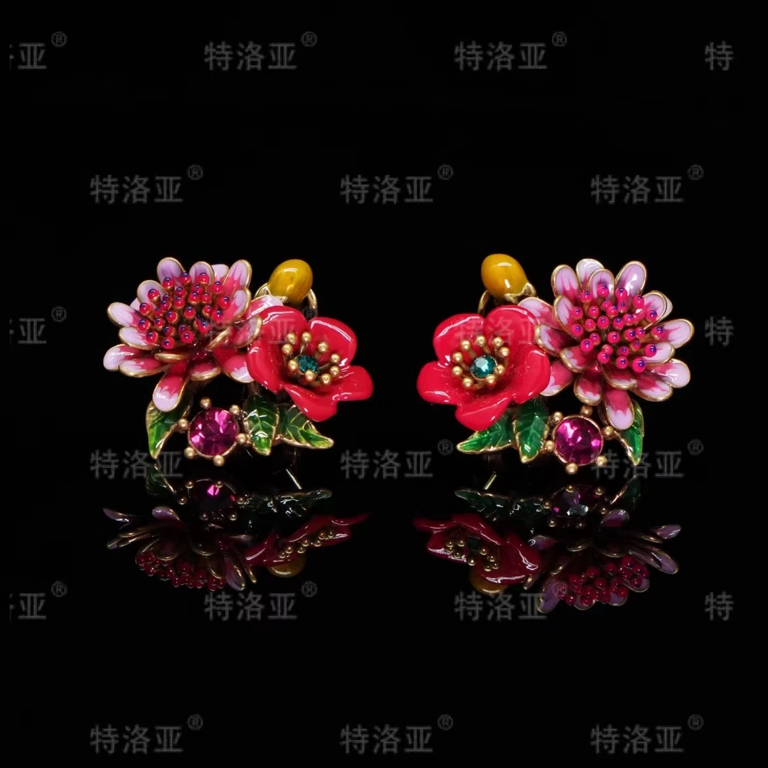 特洛亚 铜合金合成锆石耳饰 时尚复古民族风古风精致 繁花 W345