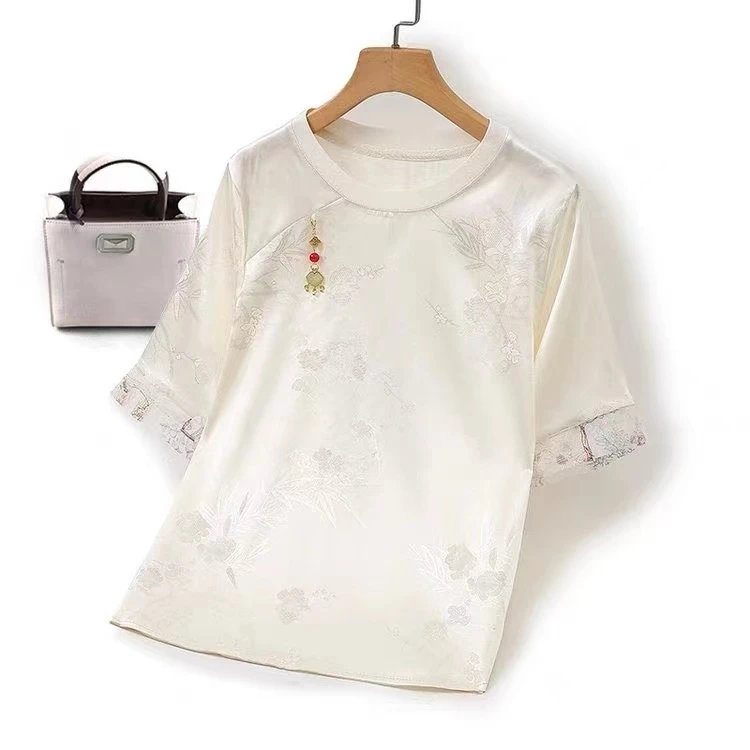 【清漪-T恤】国风新中式暗纹提花挂坠T恤