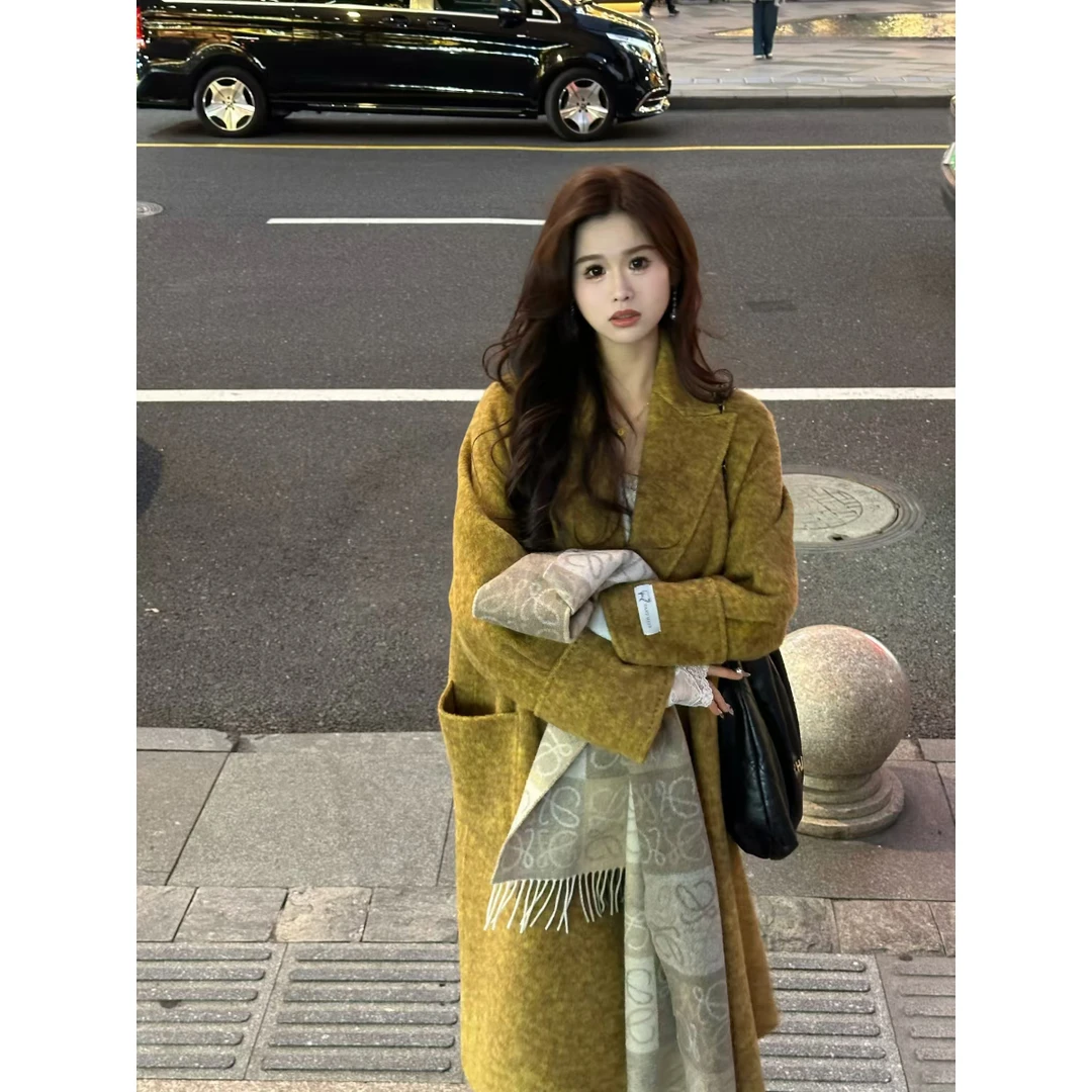 李潇洒【妞妞的心事】微胖大码冬老钱风复古秋香黄宽松双面呢大衣XH