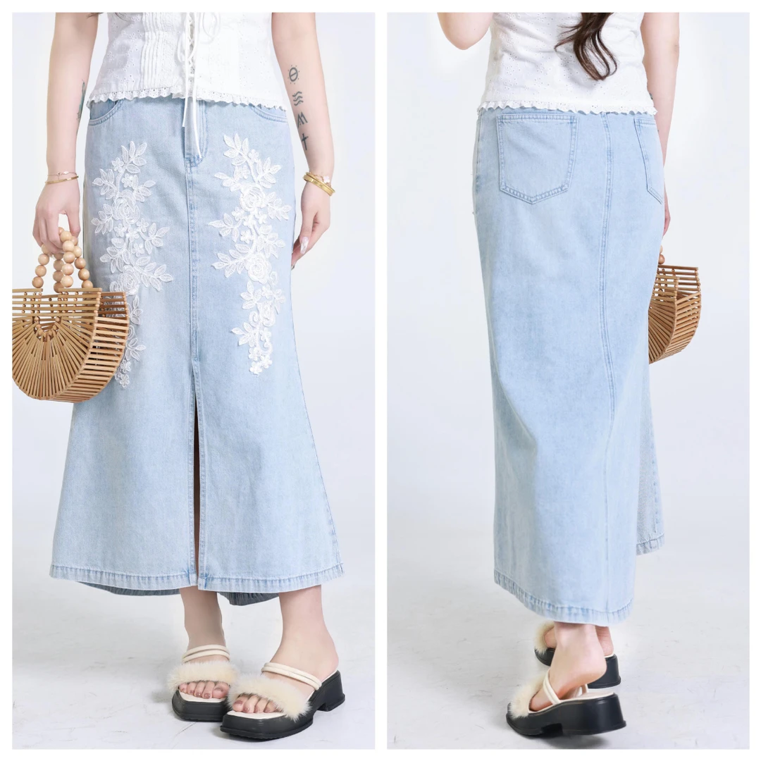 QC李潇洒【一路生花】微胖大码夏浮雕绣花高腰微鱼尾摆牛仔半裙