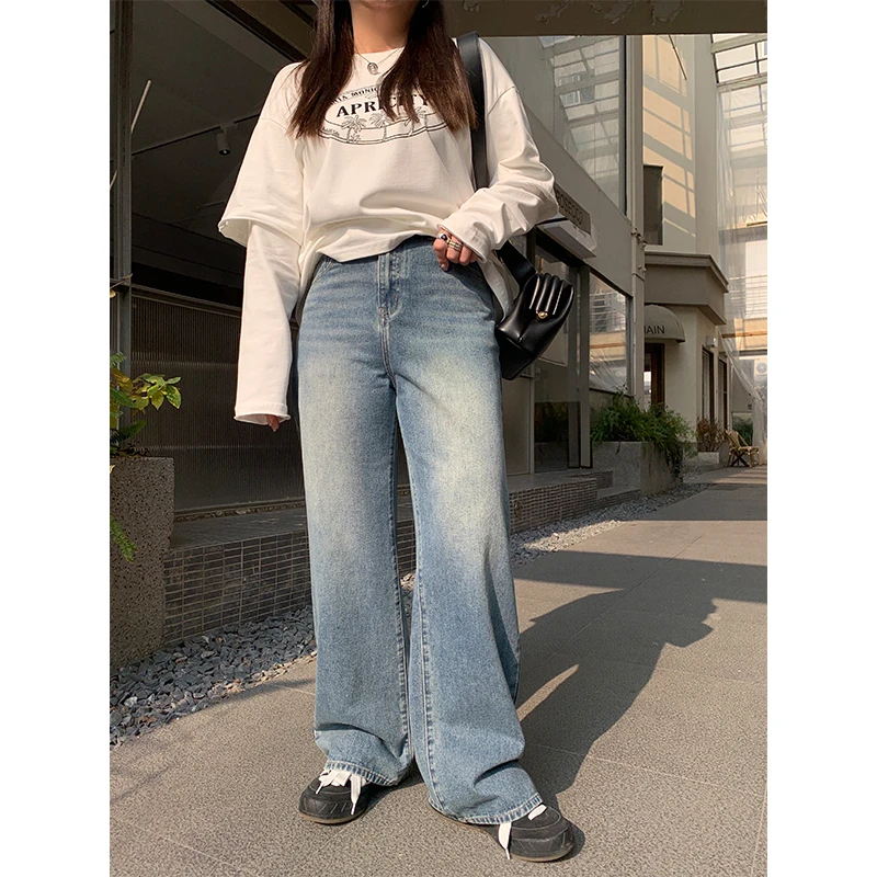 QC李潇洒微胖大码蓝色高腰阔腿牛仔春复古宽松显瘦百搭直筒裤子