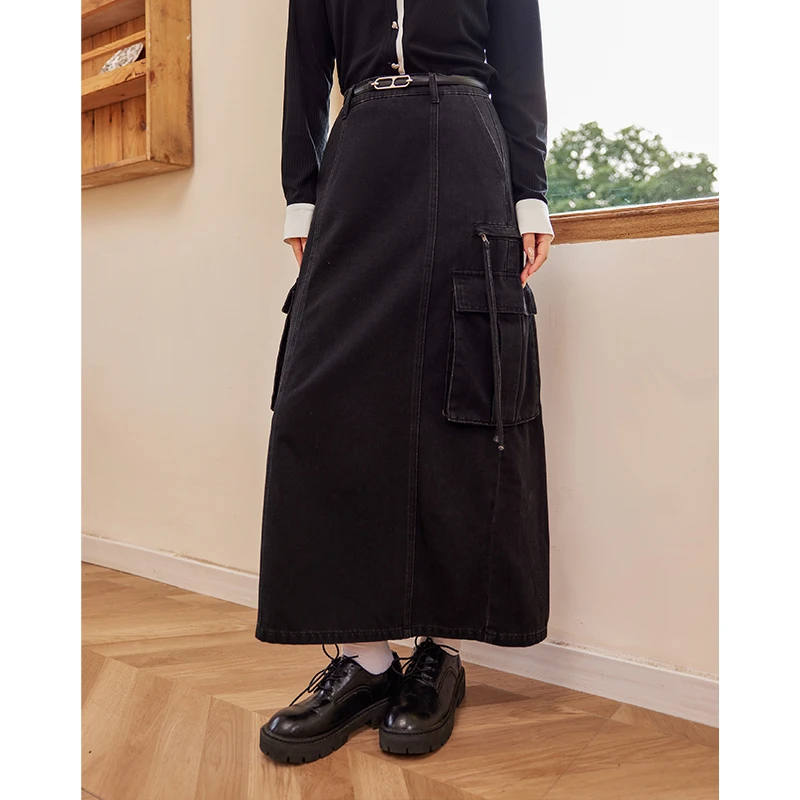 QC李潇洒微胖复古黑色工装牛仔女秋季美式设计感显瘦长裙XS409G43