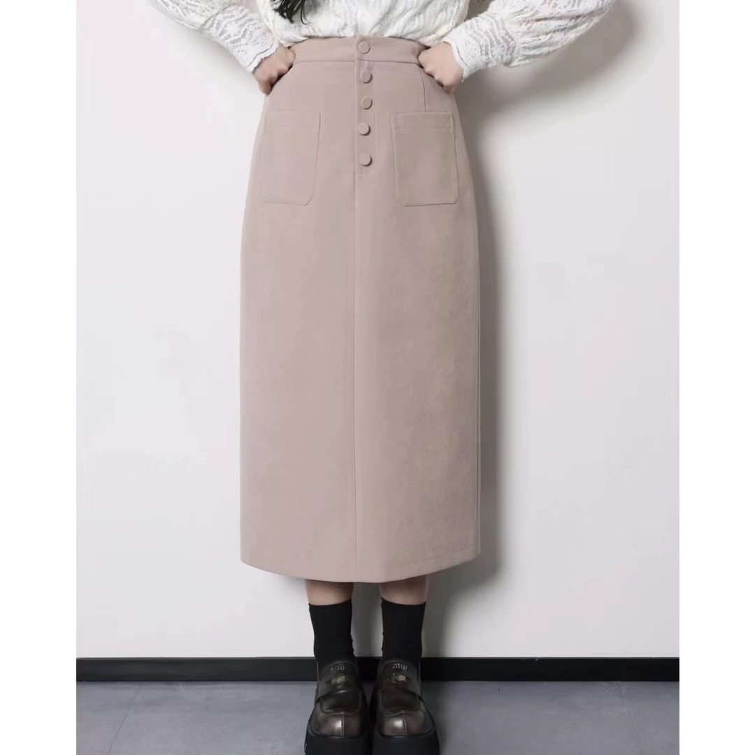 QC微胖大码冬季新款女装单排扣开衩直筒裙高腰百搭显瘦半身裙