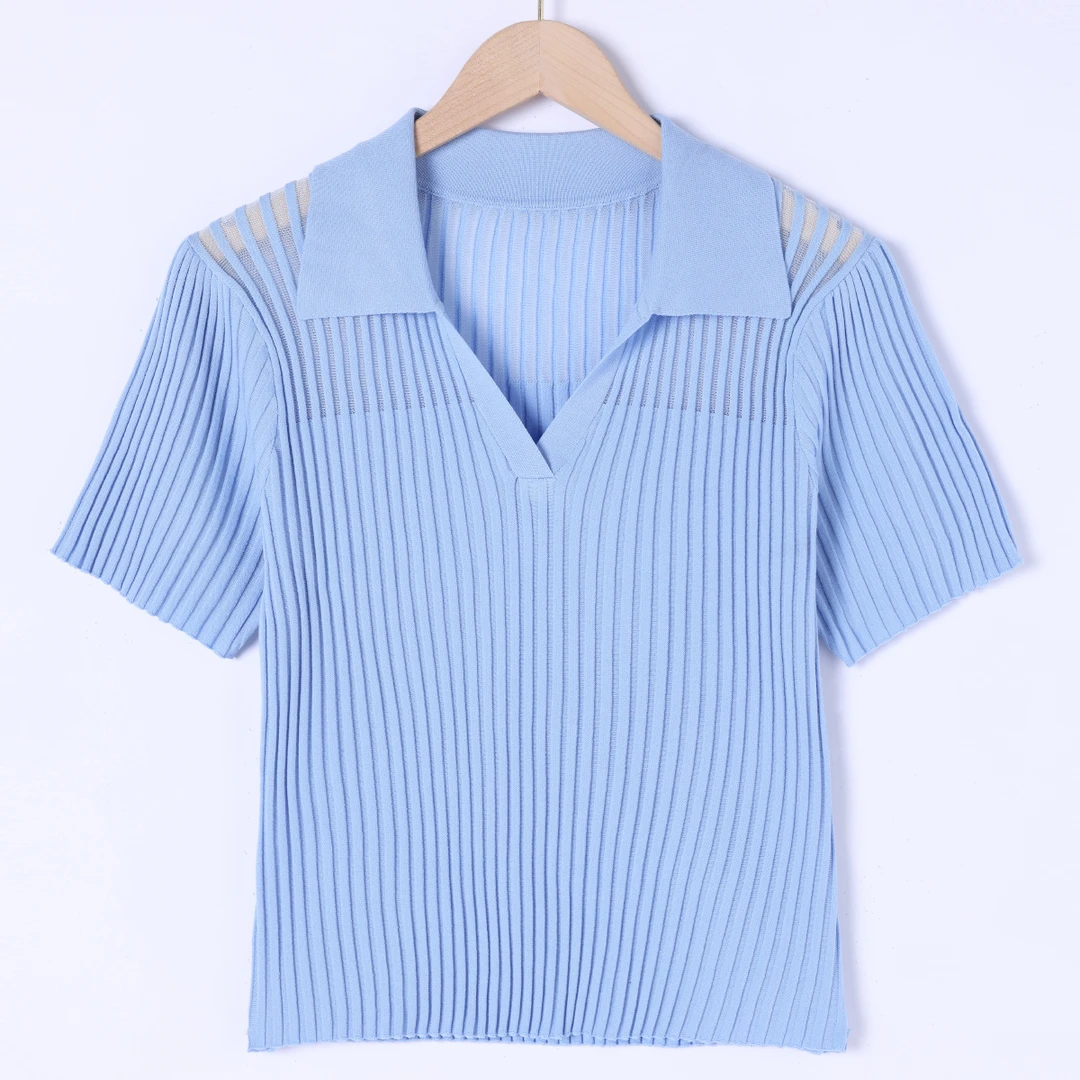 QC李潇洒妞妞【夏日未央】微胖大码夏法式Polo领镂空针织修身短袖