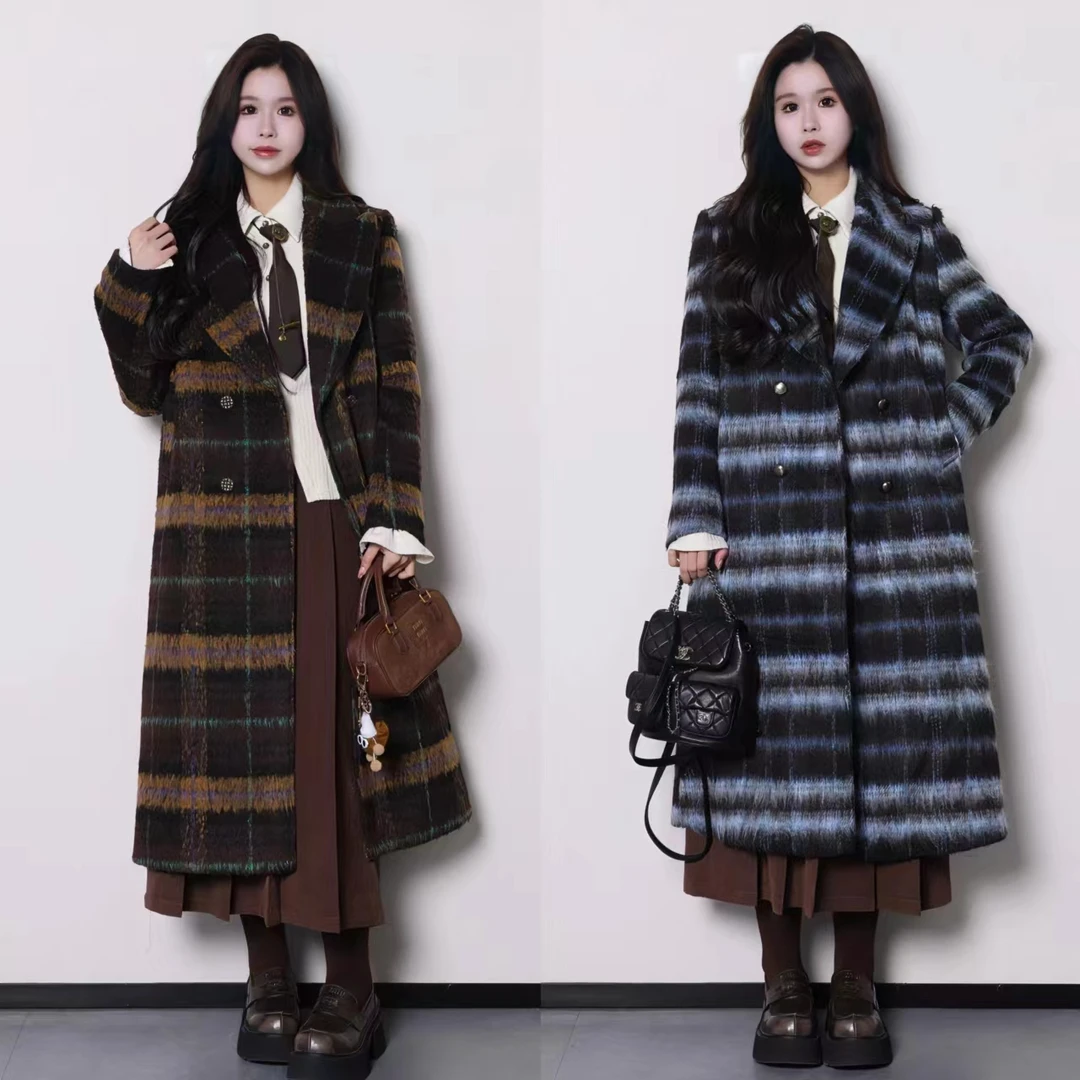 李潇洒妞妞微胖冬季女装高级感西装领韩系复古加厚夹羽绒格纹大衣