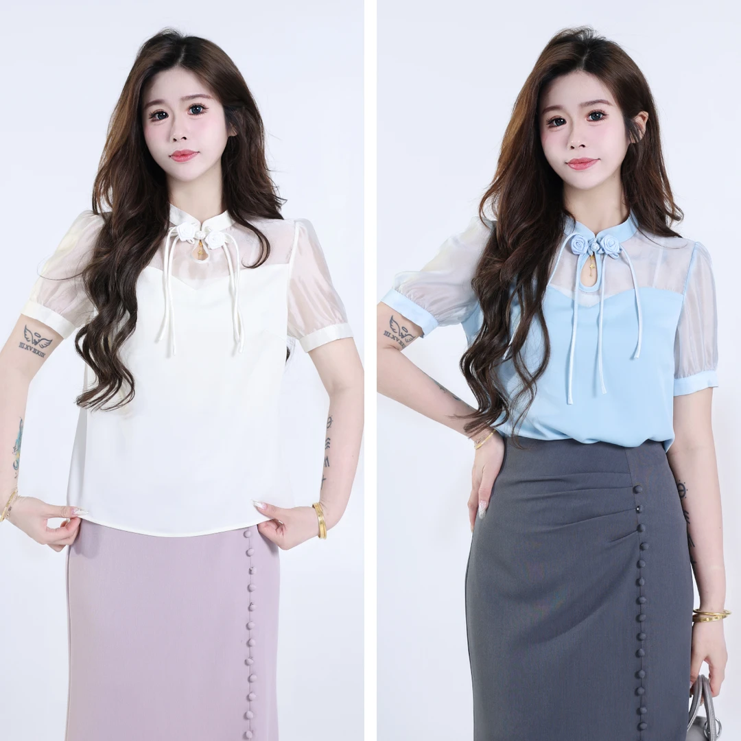 QC李潇洒【蒹葭伊人】微胖大码新中式立体盘扣夏拼接薄纱短袖