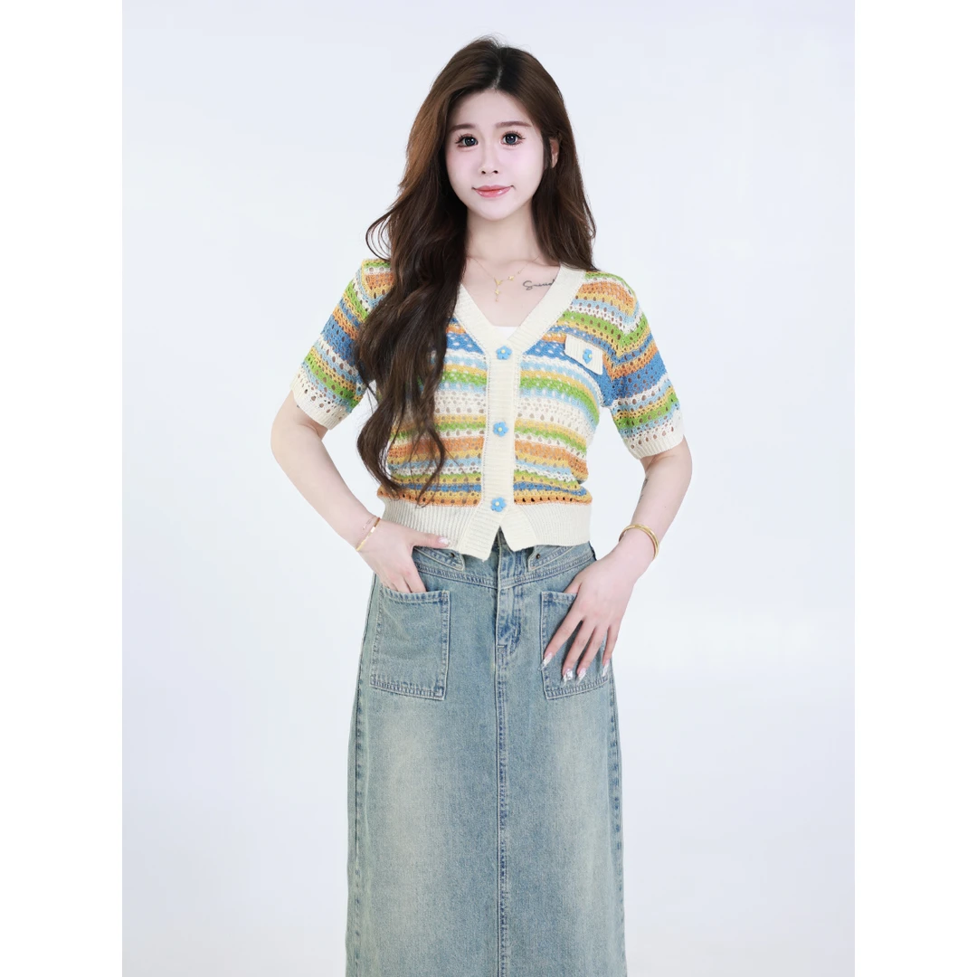 QC李潇洒妞妞【热风环游】微胖大码温柔千金感彩色V领夏镂空针织