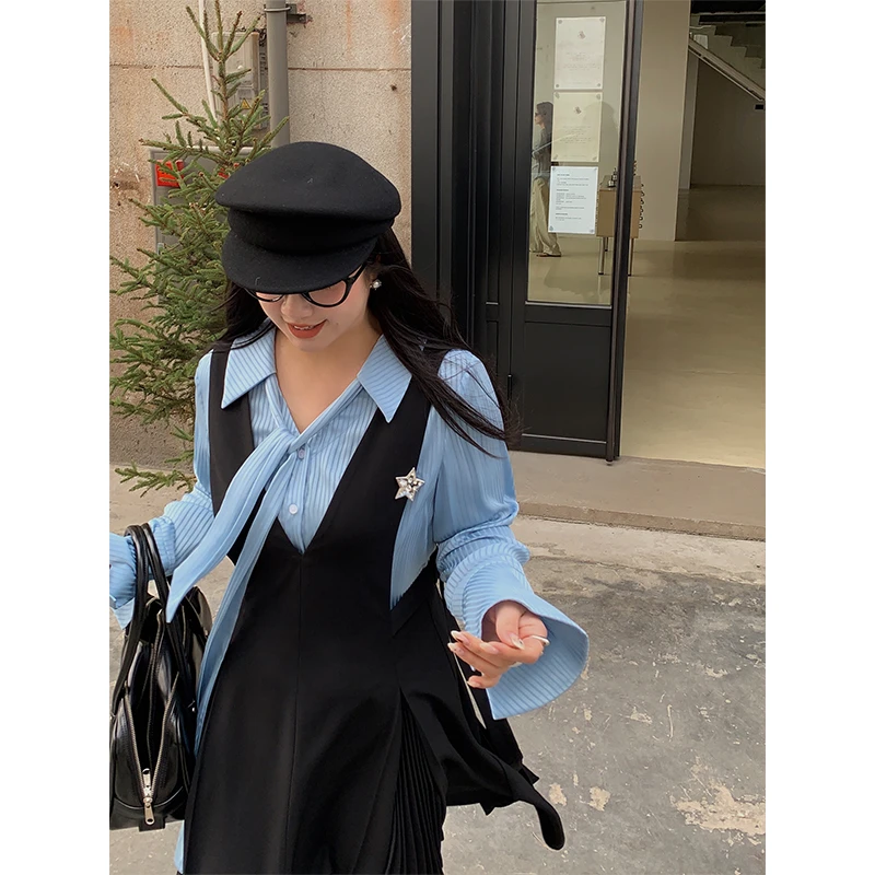 QC 李潇洒微胖V领系带条纹衬衫女早春季法式慵懒风别致小衫上衣