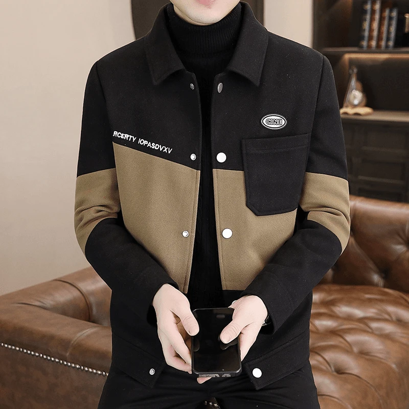 夹克秋冬新款翻领拼色外套男装潮流高档拼接休闲刺绣时尚帅气上衣