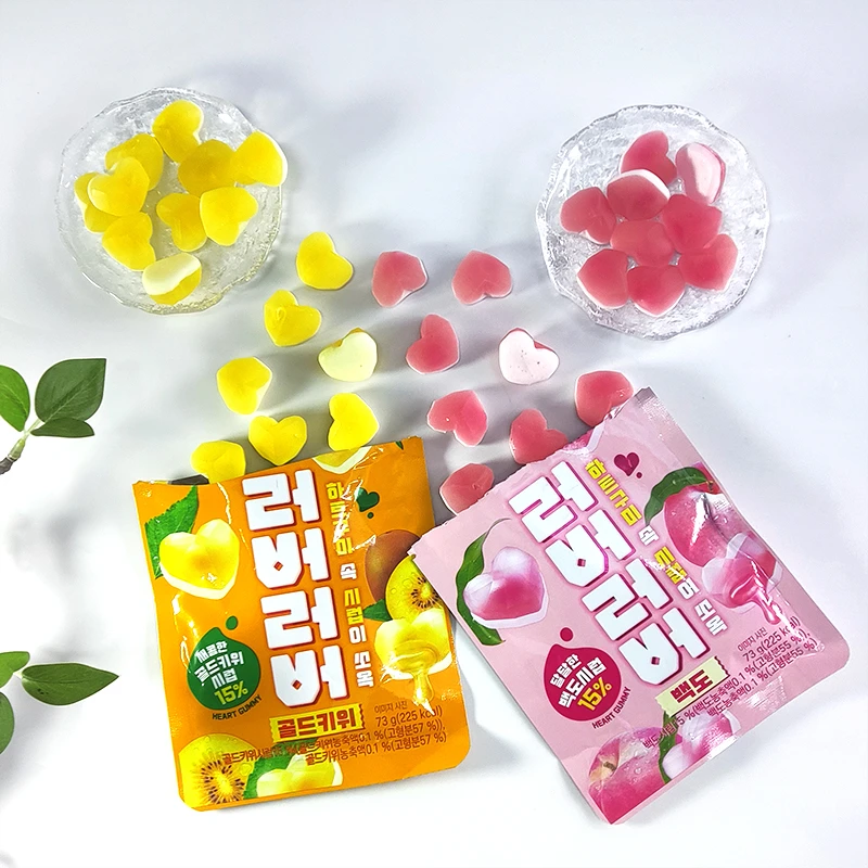 韩国进口乐天宝石心形夹心果汁软糖桃子猕猴桃味QQ糖休闲糖果零食
