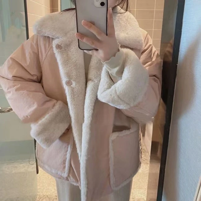 【两面可穿】秋冬韩版宽松粉色棉服加绒加厚柔软毛毛简约单排扣外套