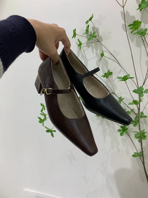 尖头单鞋浅口高跟方头平底鞋百搭皮鞋粗跟复古时尚女鞋玛丽珍鞋女