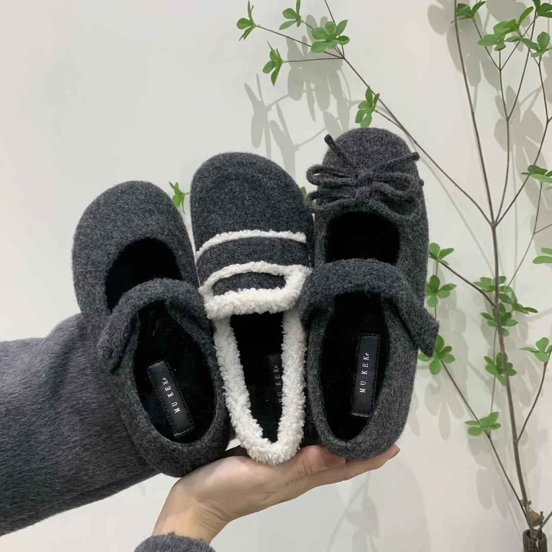 秋冬时尚平底玛丽珍鞋女鞋毛绒保暖防滑厚底单鞋冬季休闲增高鞋女