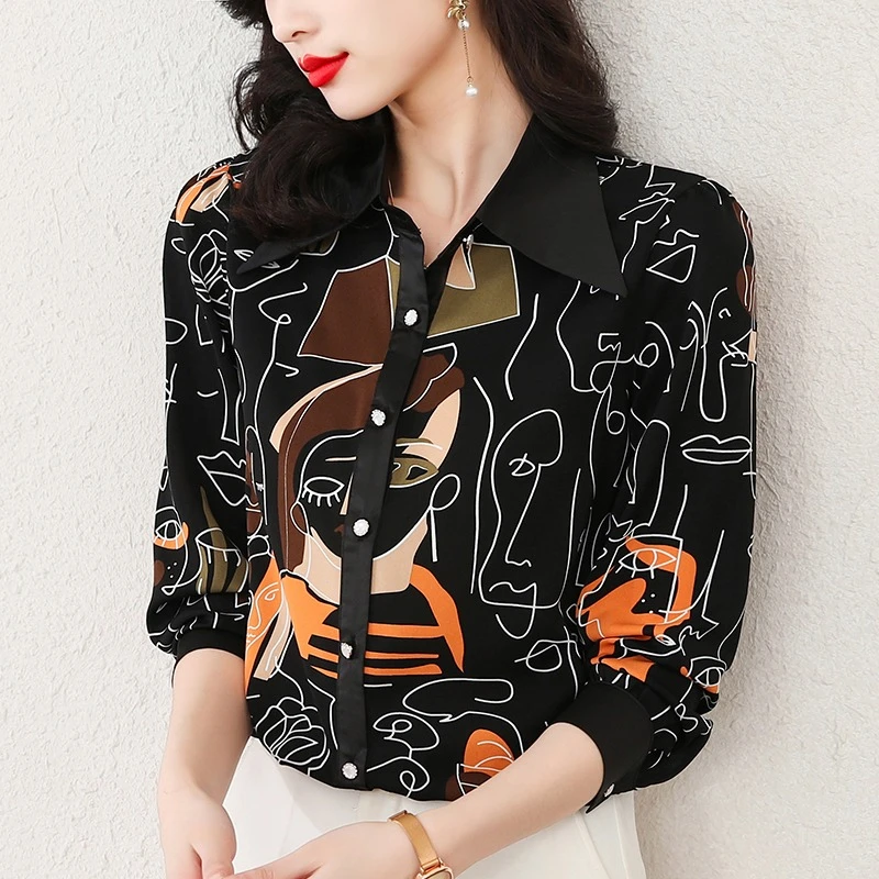 K8197时尚印花衬衫2024年春秋季新款气质上衣女士减龄显瘦小衫