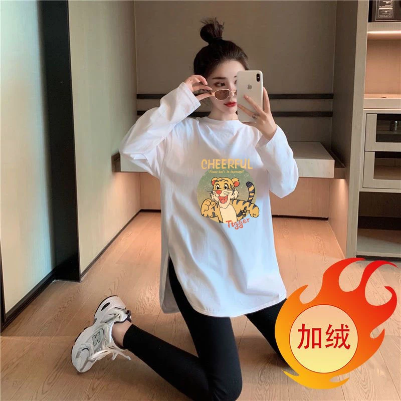 加绒加厚长袖中长款T恤女冬内搭白色打底衫女韩版保暖宽松T恤上衣