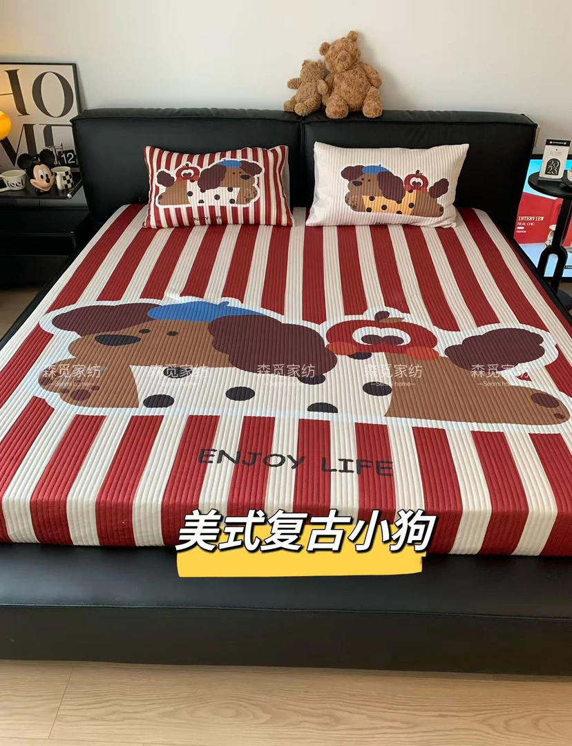 森觅家【美式复古狗】A类针织印花床盖三件套 大版数码印花 可机洗