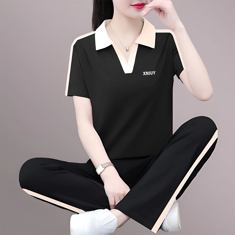 韩版休闲夏季长裤运动套装女夏装2025新款妈妈时尚洋气短袖两件套