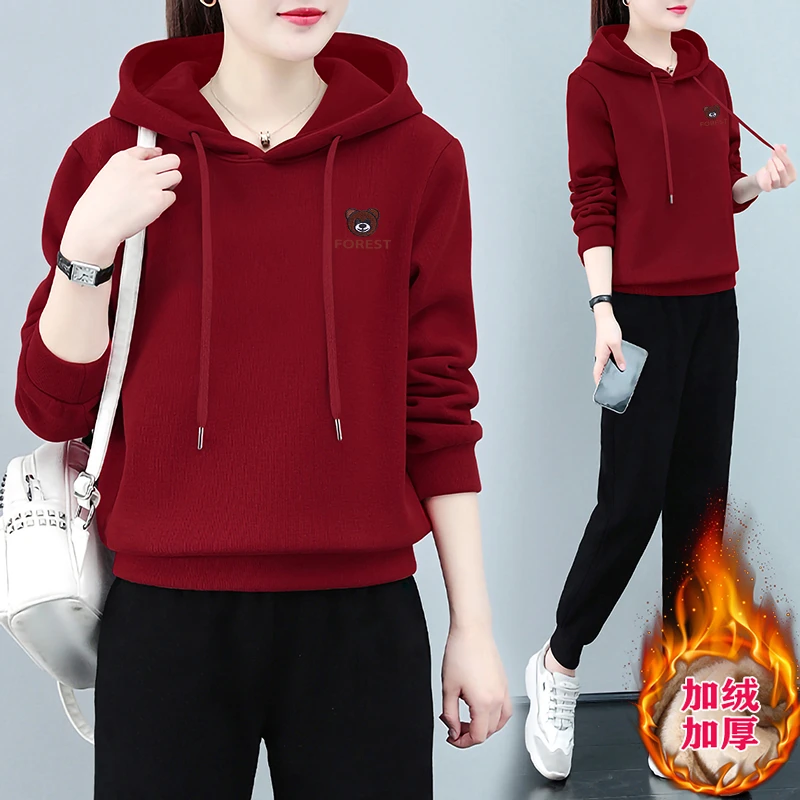 卫衣运动套装女士春秋新款中年妈妈休闲服连帽长袖卫裤加绒两件套