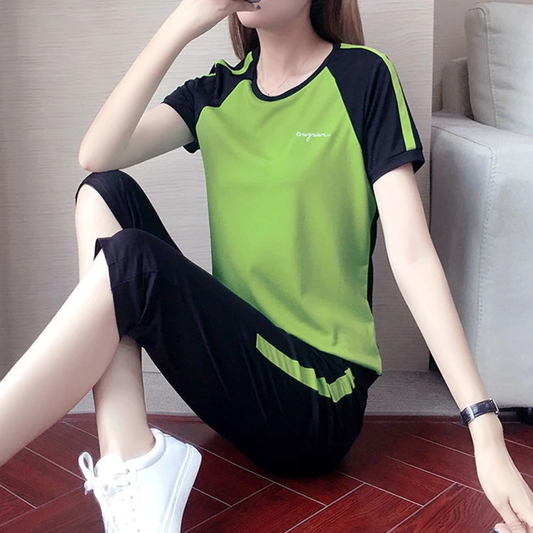 夏季新款女士运动套装短袖七分裤大码洋气宽松妈妈冰丝气质两件套
