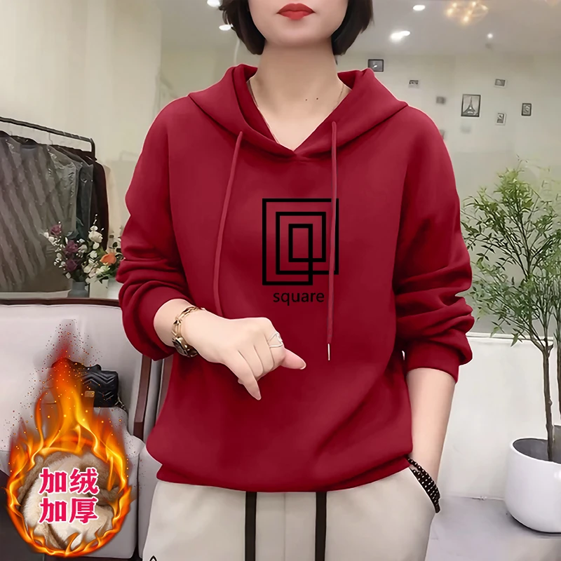 酒红色加绒加厚卫衣女士春秋季新款连帽洋气妈妈爆款秋冬外套上衣