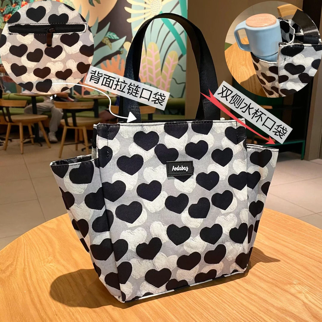 甜美爱心印花手提袋上班带娃多口袋拉链便携便当饭盒包手拎妈咪包