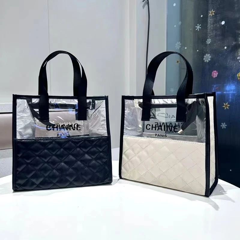 半透明黑白菱格PU手提袋便携拉链化妆包时尚四方大容量透明手提袋