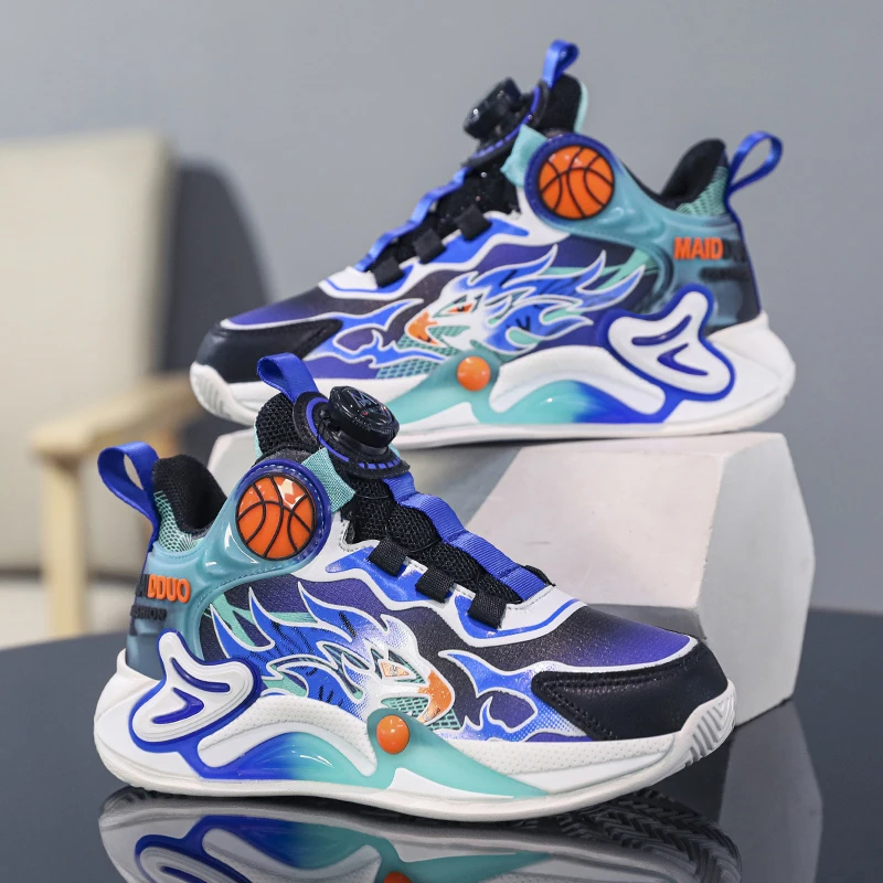 男孩篮球鞋男款秋季新款防水皮革面学生篮球运动鞋男孩轻便纽扣鞋