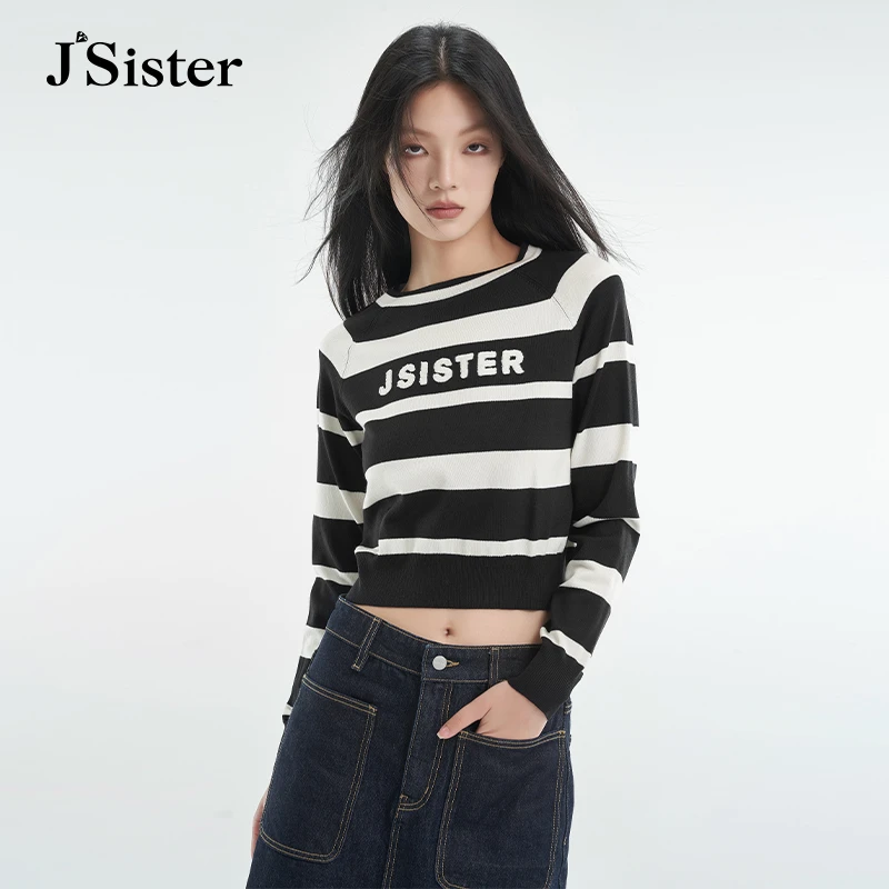 jsister春季新款针织衫 JS女装时尚修身圆领条纹字母上衣