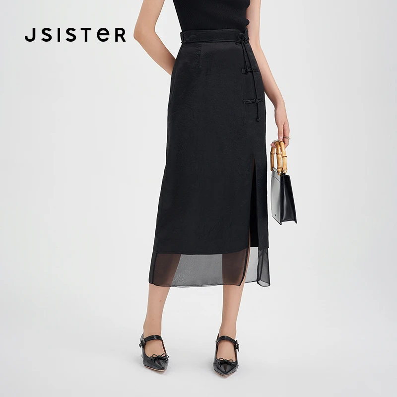 jsister秋季新款半身裙 JS女装时尚新中式拼接蕾丝裙