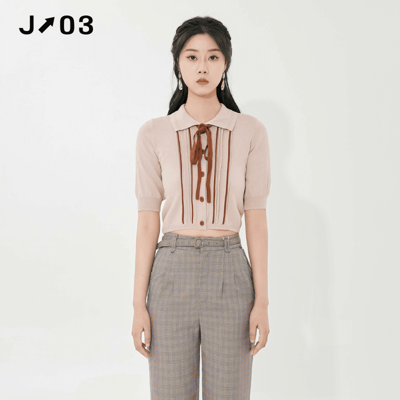 J03女装 夏季新品针织衫 时尚经典甜美风翻领百搭撞色短款上衣
