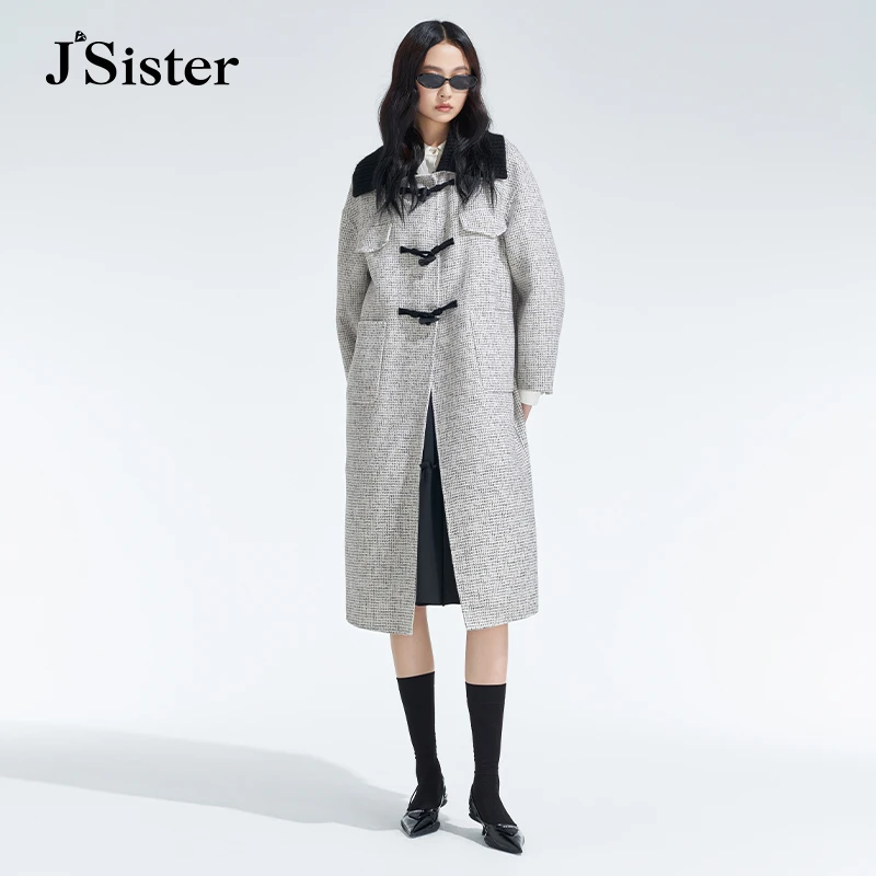 jsister冬季新款 JS女装时尚流行韩系赫本风格纹呢大衣
