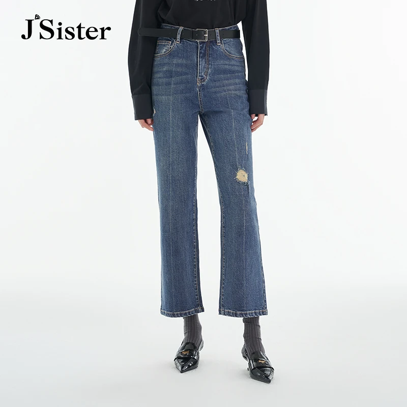 jsister秋季新款牛仔裤 JS女装时尚设计感蓝色磨破裤