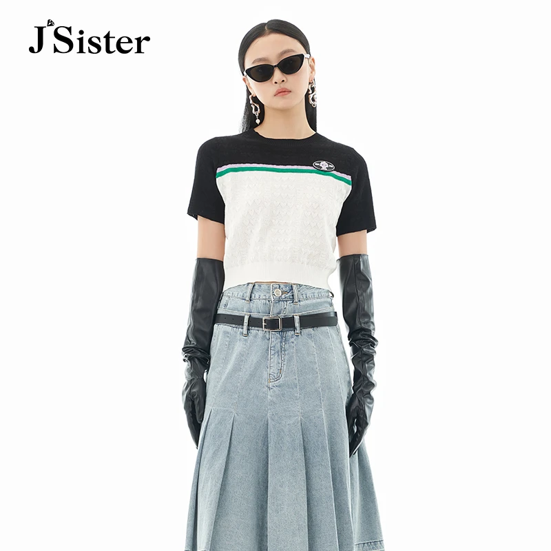jsister夏季新品针织衫 JS女装时尚休闲拼色上衣