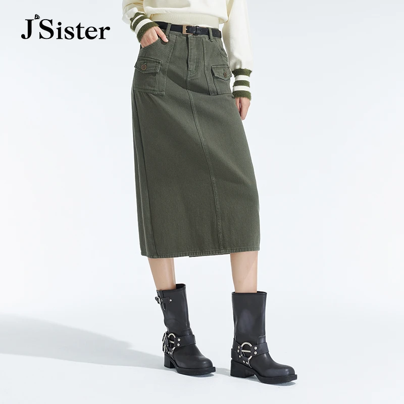 jsister 冬装新款 JS女装时尚百搭流行军绿牛仔裙