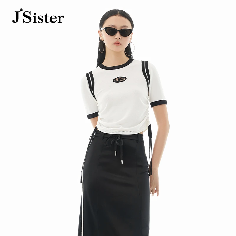 jsister夏季新品针织衫 JS女装时尚通勤风拼色上衣