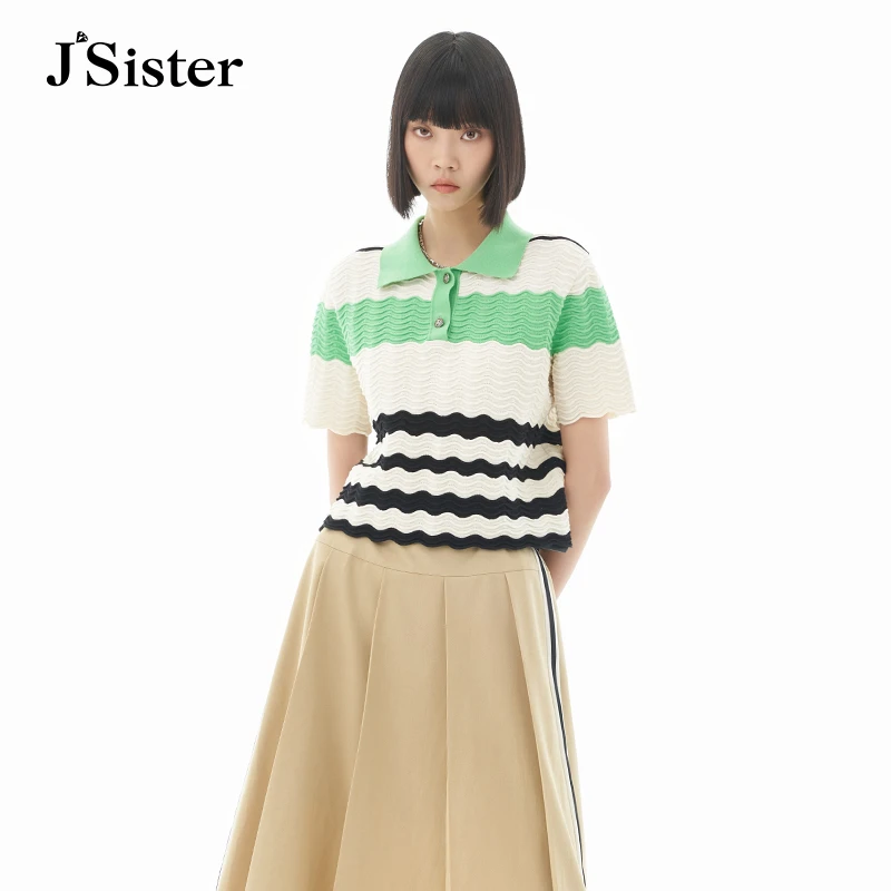 jsister夏季新品针织衫 JS女装时尚休闲拼色上衣
