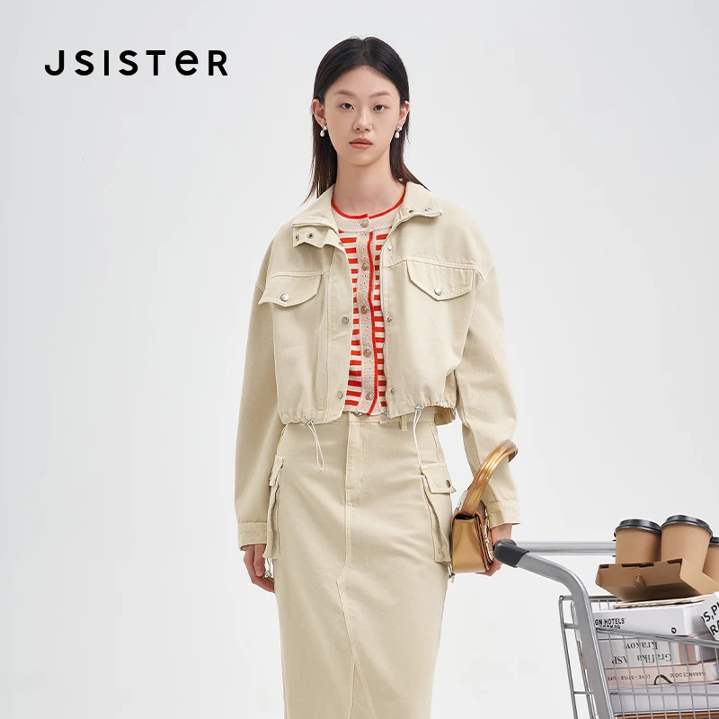 jsister秋季新款外套 JS女装时尚设计感短款牛仔外套