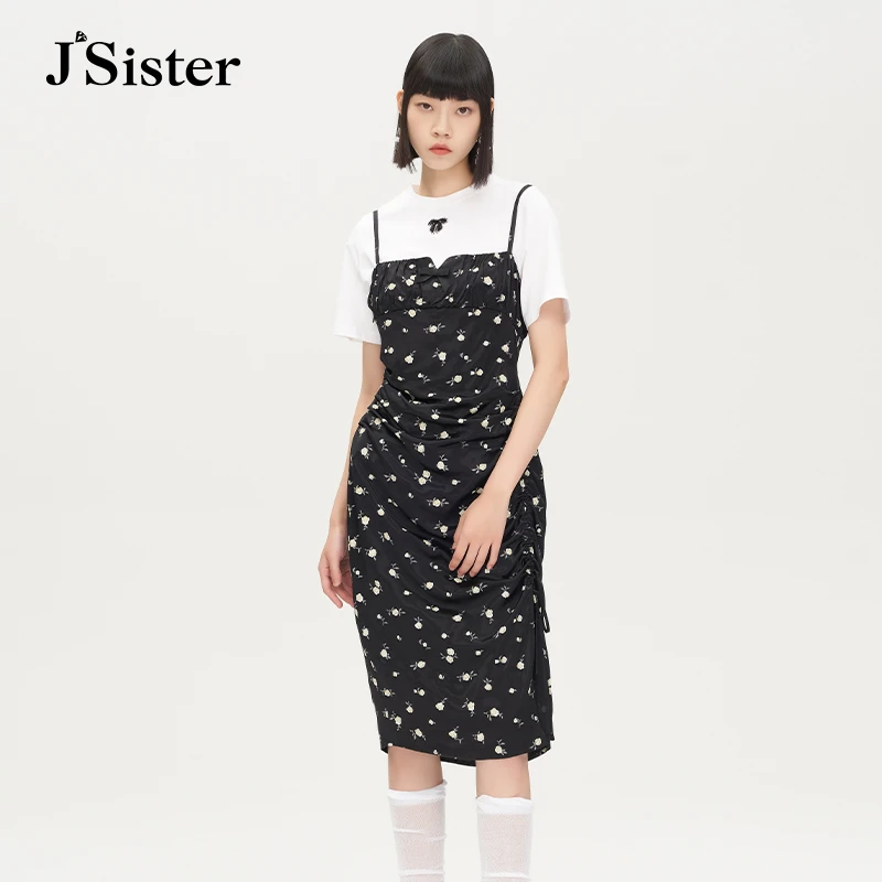 jsister夏季新品套装 JS女装时尚休闲设计感碎花吊带裙