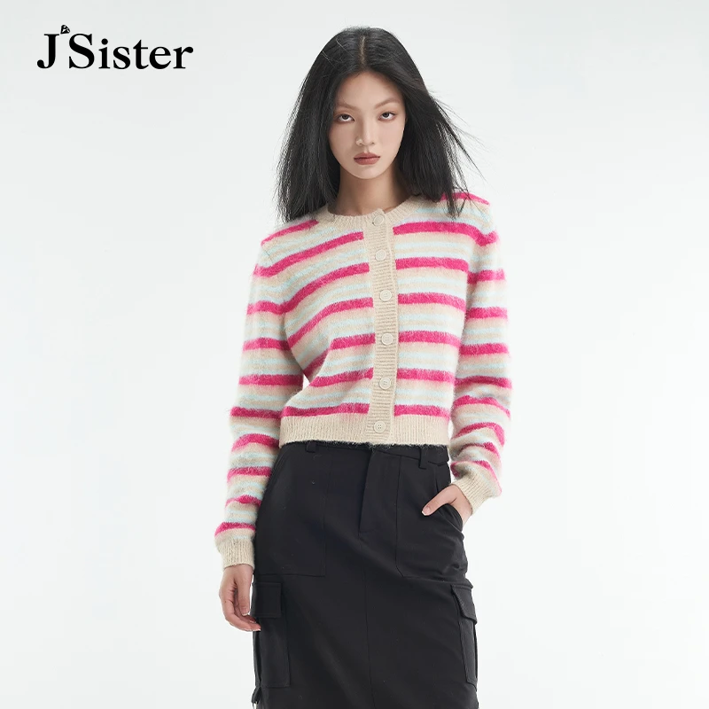 jsister春季新款针织衫 JS女装时尚设计感撞色条纹开衫