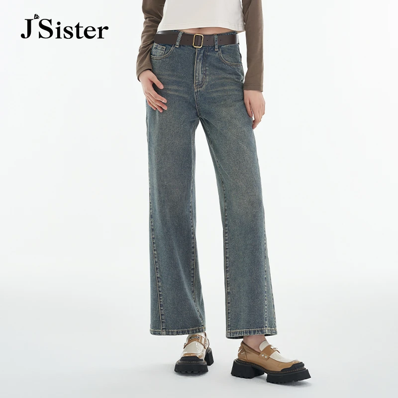 jsister秋季新款牛仔裤 JS女装时尚百搭显瘦高腰直筒裤