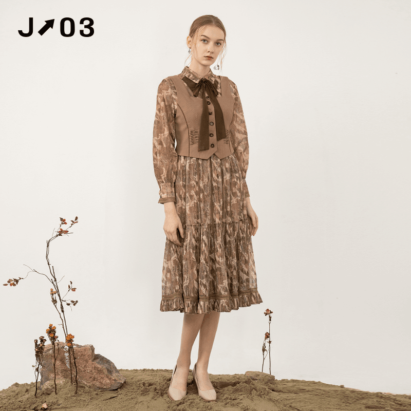 J03简约女装 春夏新款时尚优雅气质中长款印花蝴蝶结两件套连衣裙