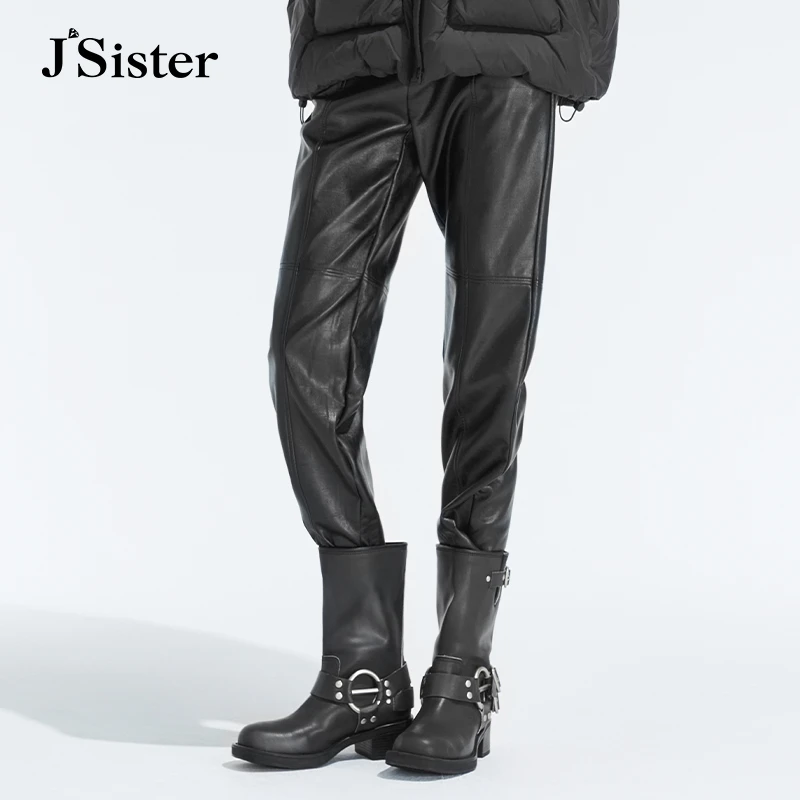 jsister冬装新款 JS女装时尚黑色拼接流行皮裤