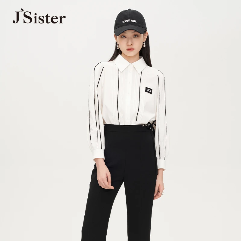 jsister秋季新款衬衫 JS女装时尚休闲设计通勤风条纹气质长袖衬衣
