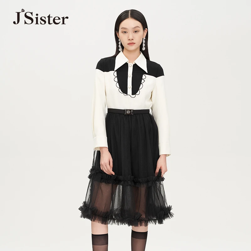 jsister秋季新款连衣裙 JS女装时尚气质设计师拼接长袖