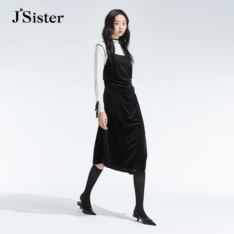 jsister冬装新款 JS女装时尚黑白经典吊带裙套装