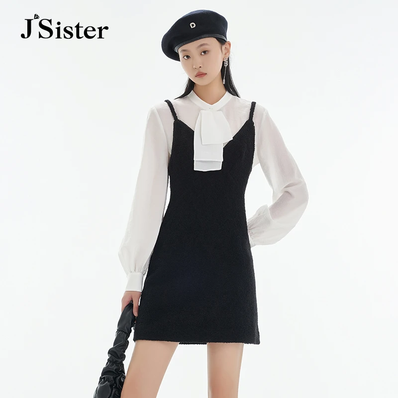 jsister秋冬新款套装 JS女装时尚黑白连衣裙套装