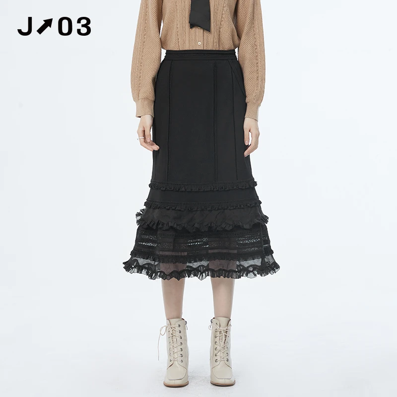 J03女装 秋冬新品半身裙 时尚黑色中长款花边百搭