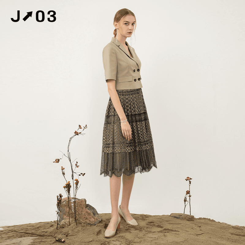J03简约女装 春夏新款时尚拼接气质优雅中长款短袖V领女装连衣裙