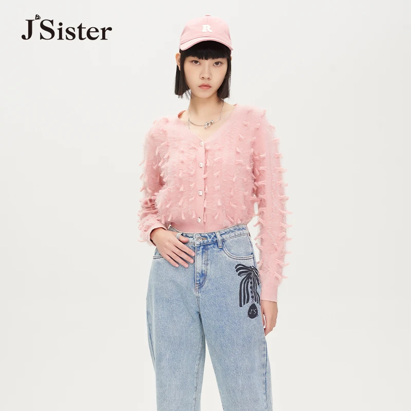 jsister秋季新款针织衫 JS女装时尚休闲设计师提花拼接短款上衣