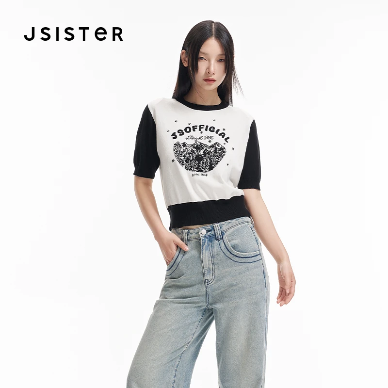 jsister夏季新品针织衫 JS女装时尚字母拼接短袖上衣